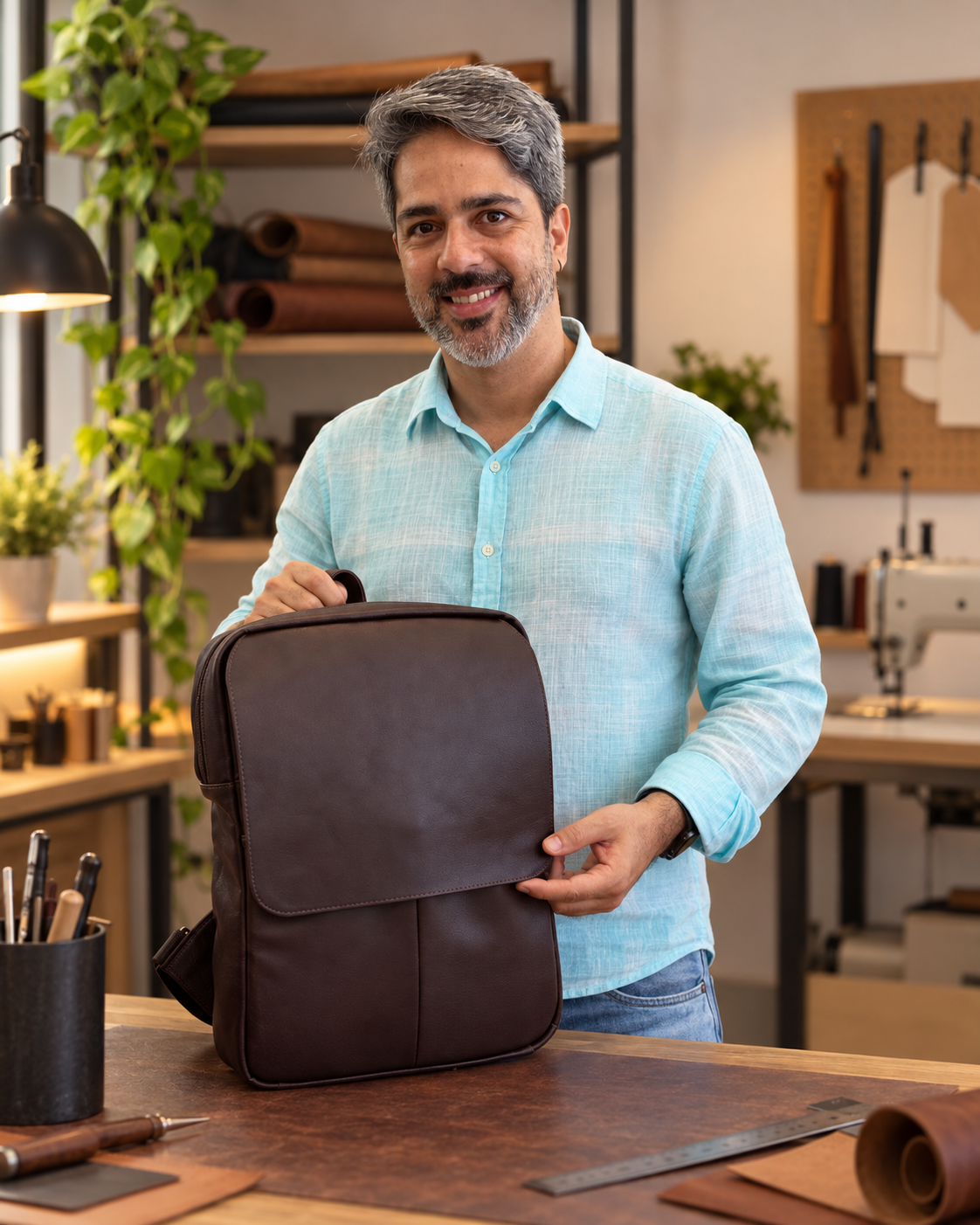 Edu Góis apresentando a Mochila Cássio no atelier