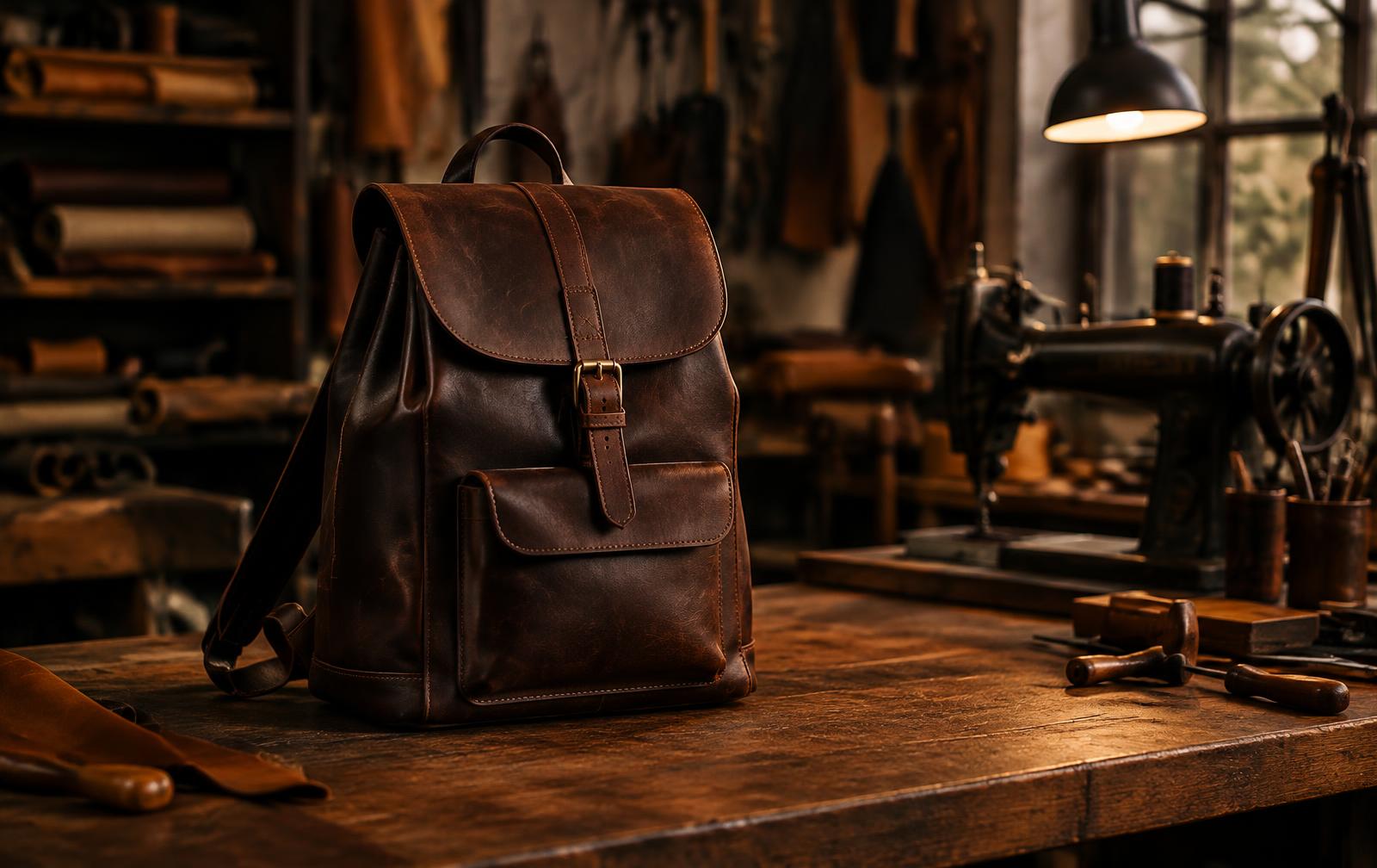 Mochila Cássio finalizada sobre a bancada do atelier
